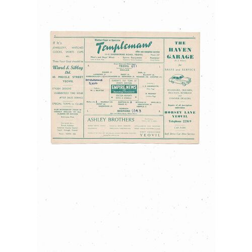 1957/58 Yeovil Town v Bedford Southern League Football Programme