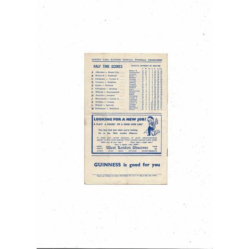 1952/53 Queens Park Rangers v Northampton Town Football Programme