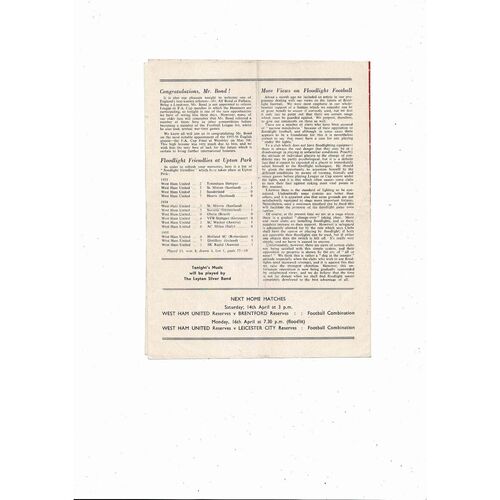 West Ham United v Kaiserslautern Friendly Football Programme 1955/56