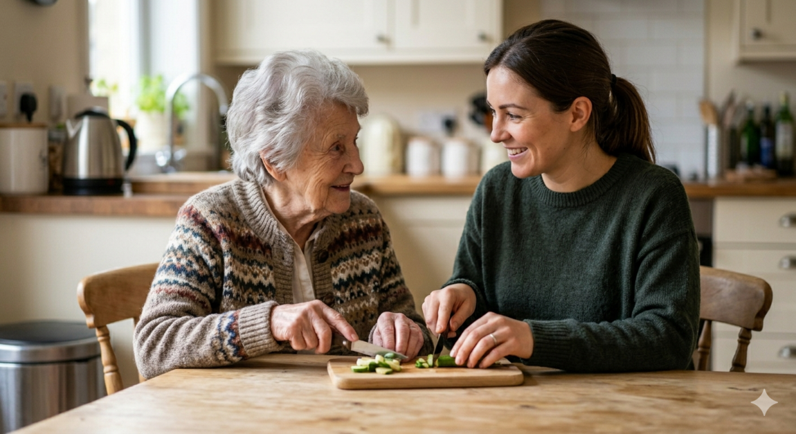 Close-up of an elderly person's hand holding a tea mug on a wooden table, next to a bowl of walnuts, overlooking a blurred Bristol street.