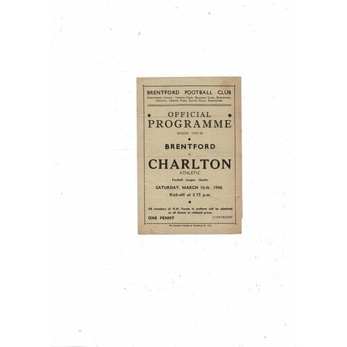 1945/46 Brentford v Charlton Athletic Football Programme