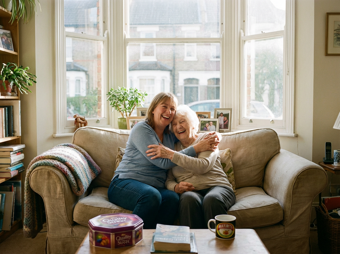 Daughter hugging her elderly mother on a sofa in a bright family home, showing reassurance and emotional support through home care.