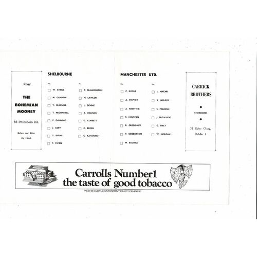 Shelbourne v Manchester United Friendly Football Programme 1974/75