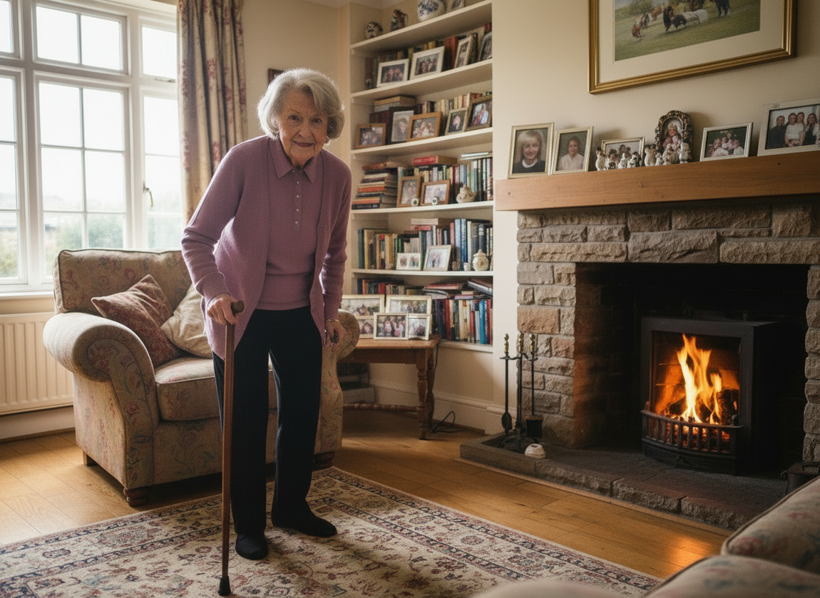 Older woman standing slowly from a chair with walking stick in living room