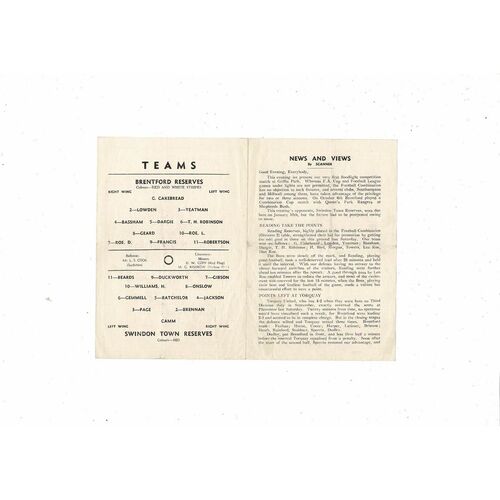 Brentford v Swindon Town Football Combination Programme 1954/55
