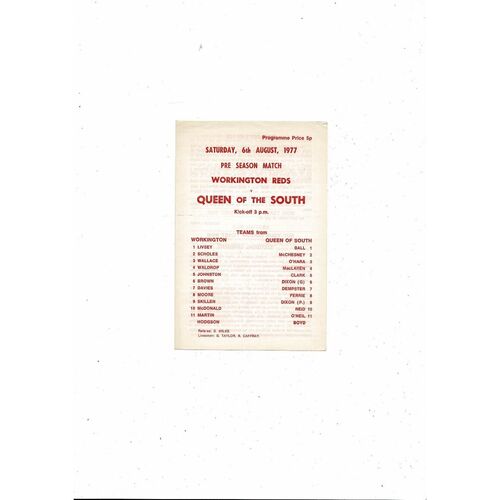 Workington Res v Queen of the South Friendly Football Programme 1977/78
