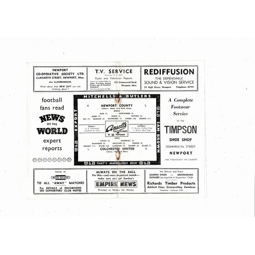 1958/59 Newport County v Colchester United Football Programme