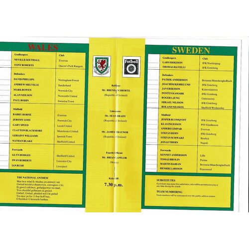 1994 Wales v Sweden International Friendly Football Programme @ Wrexham