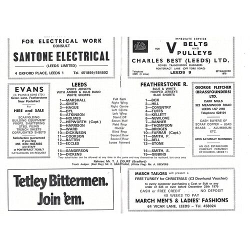 1975/76 Leeds v Featherstone Rovers (13/12/1975) Rugby League Programme