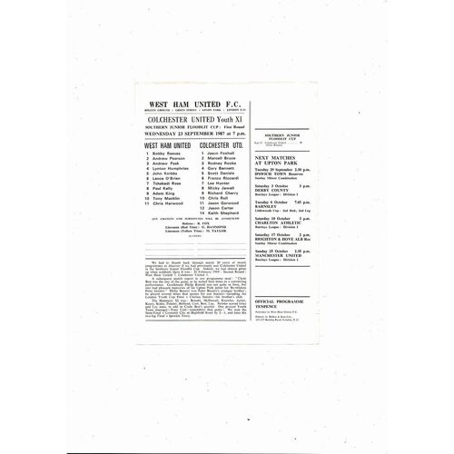 West Ham United v Colchester United Southern Jnr Floodlit Cup Football Programme 1987/88
