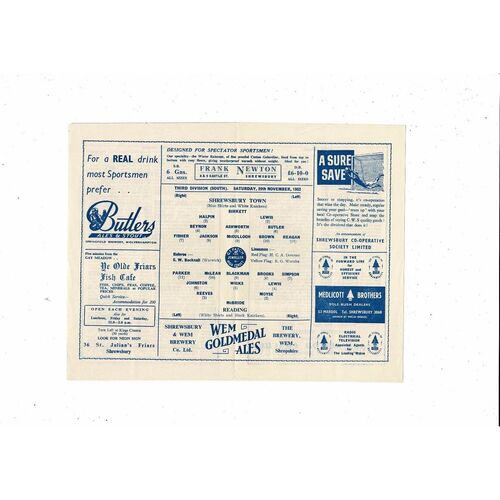 1952/53 Shrewsbury Town v Reading Football Programme