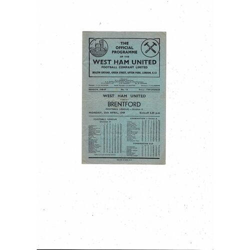 1948/49 West Ham United v Brentford Football Programme