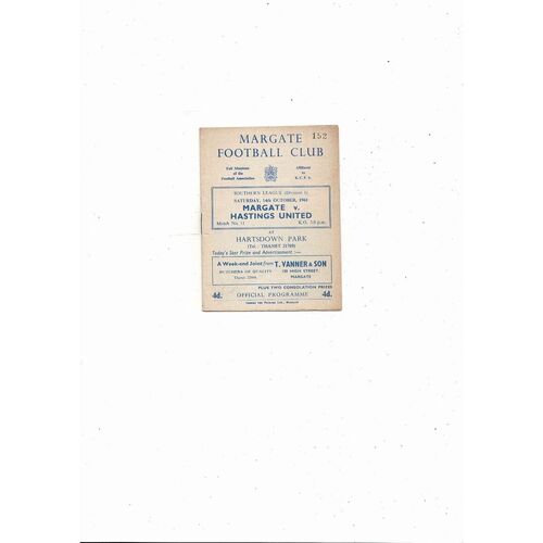 1961/62 Margate v Hastings United Southern League Football Programme