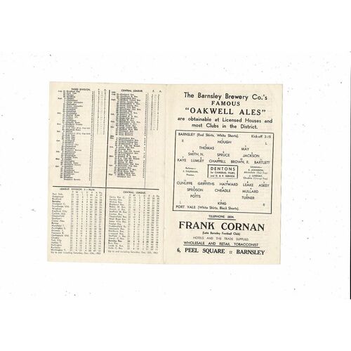 1953/54 Barnsley v Port Vale Football Programme