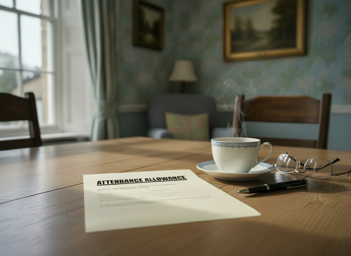 Attendance Allowance form on a table with a cup of tea