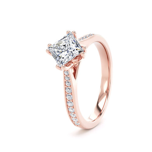 Alternate set princess cut double claw solitaire with diamond set shoulders