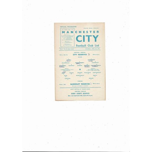 Manchester City v Barnsley Central League Football Programme 1961/62