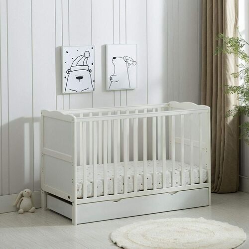 mcc direct White Wooden Orlando Baby Cot Bed & Rollaway Drawer & Aloe Vera Water Repellent Mattress  - Orlando