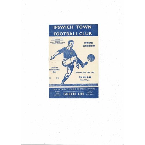 Ipswich Town v Fulham Football Combination Football Programme 1956/57