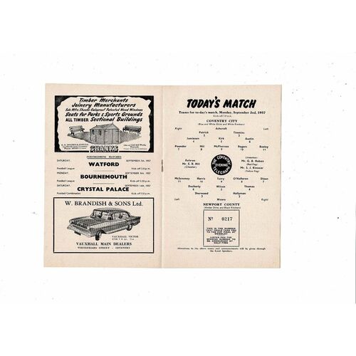 1957/58 Coventry City v Newport County Football Programme