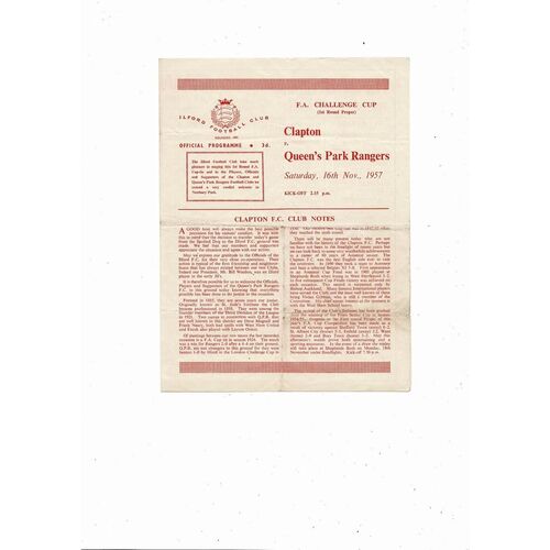 1957/58 Clapton v Queens Park Rangers FA Cup Football Programme