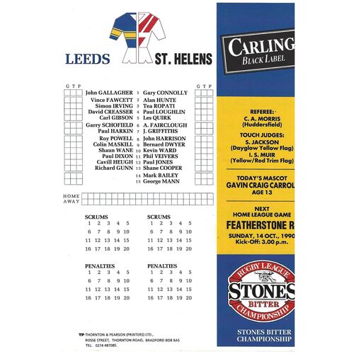1990/91 Leeds v St. Helens (30/09/1990) Rugby League Programme