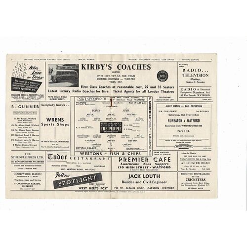 1953/54 Watford v Crystal Palace Football Programme