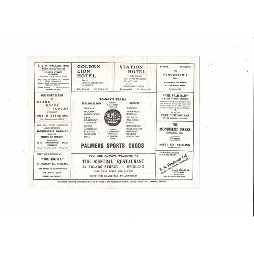 1965/66 Stirling Albion v Rangers Football Programme. Autographed