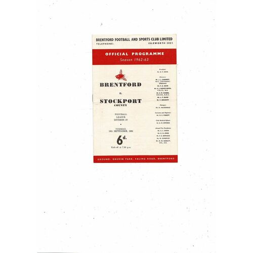 1962/63 Brentford v Stockport County Football Programme