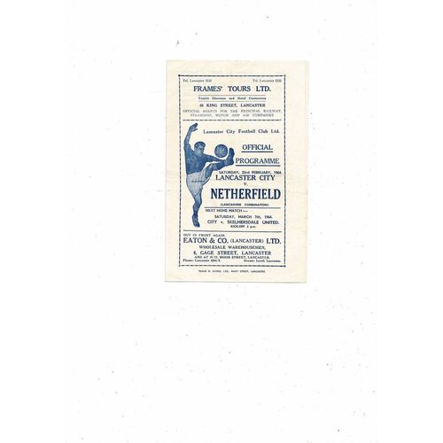 1963/64 Lancaster City v Netherfield Lancashire Combination Football Programme