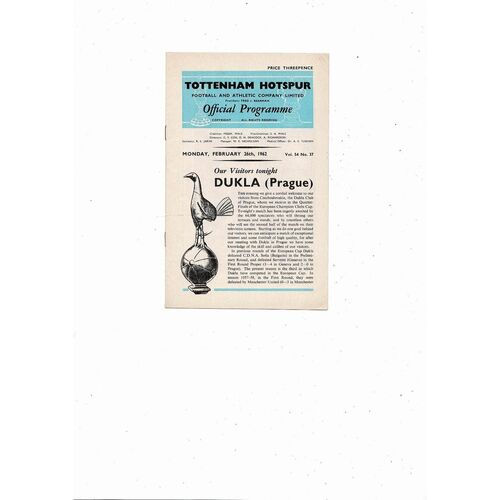 Tottenham Hotspur v Dukla Prague European Cup Football Programme 1961/62