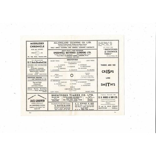 1961/62 Brentford v Crystal Palace Football Programme