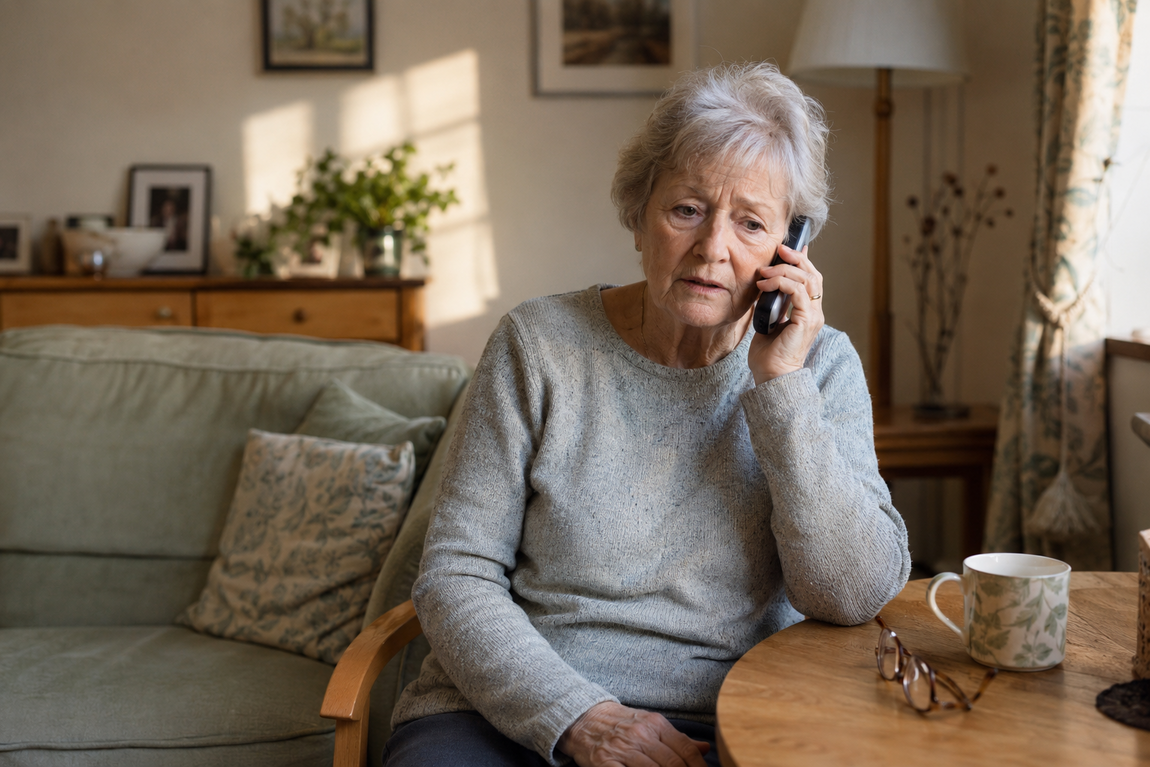Older woman receiving the familiar 4pm phone call.
