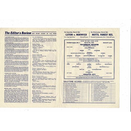 1958/59 Tottenham Hotspur v Leicester City Football Programme