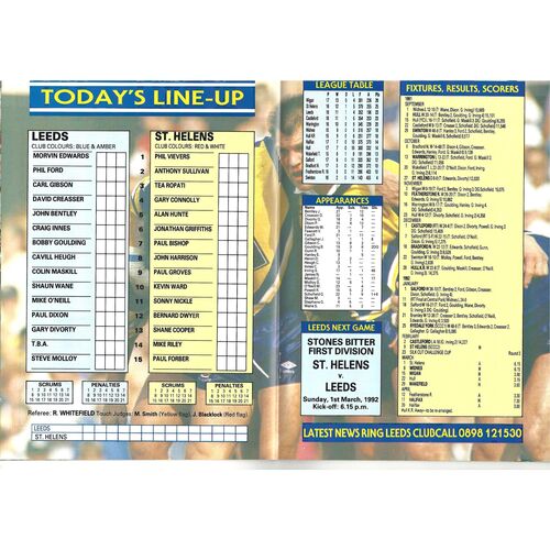 1991/92 Leeds v St. Helens (08/02/1992) Silk Cut Challenge Cup Second Round Rugby League Programme