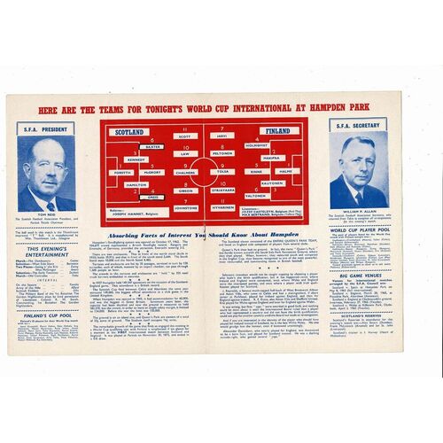 1964 Scotland v Finland Football Programme