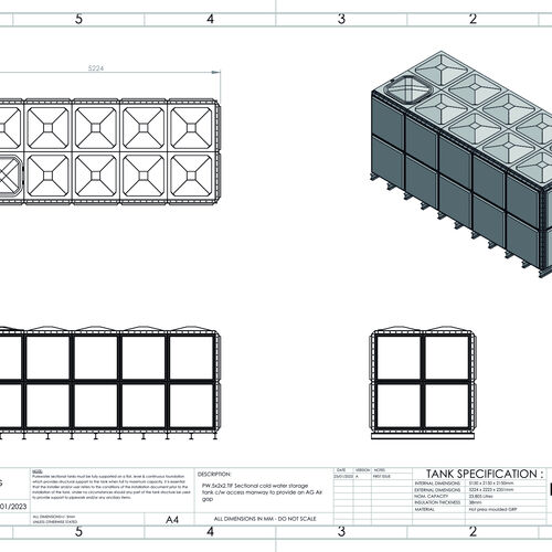 PW.5X2X2.TIF.AG - 23,805 LITRE SECTIONAL WATER TANK, TOTALLY INTERNALLY FLANGED (TIF)