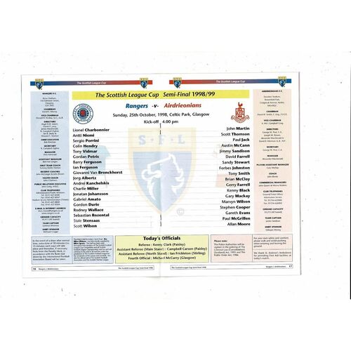 1998/99 Rangers v Airdrieonians Scottish League Cup Semi Final Football Programme