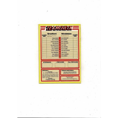 1982/83 Brentford v Wimbledon League Cup Football Programme