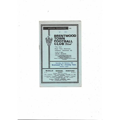 1967/68 Brentwood Town v Crawley Town Football Programme