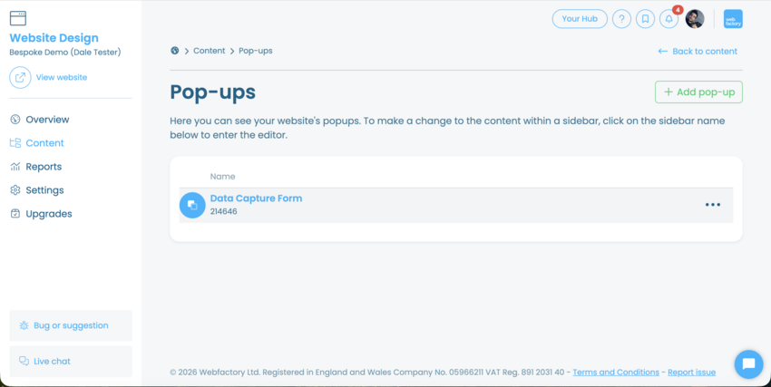 A screenshot of Webfactory's Website Editor showing the new Pop-ups section