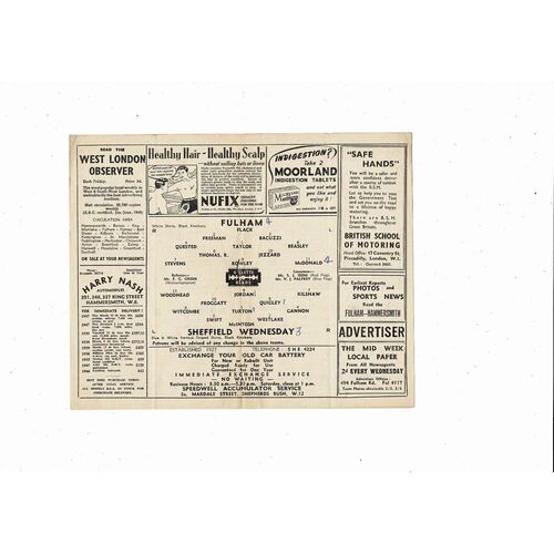 1948/49 Fulham v Sheffield Wednesday Football Programme
