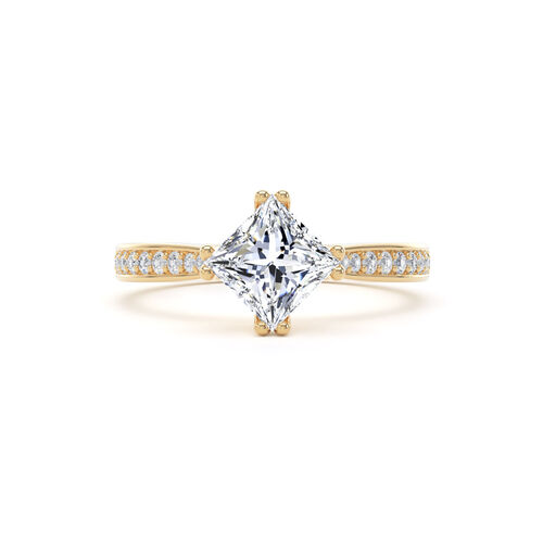 Alternate set princess cut double claw solitaire with diamond set shoulders