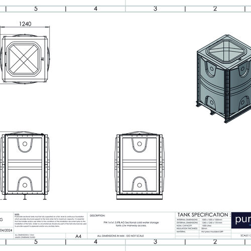PW.1X1X1.5.IFB.AG - 1500 LITRE SECTIONAL WATER TANK, INTERNALLY FLANGED BASE (IFB)