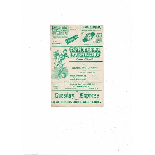 1961/62 Ashford Town v Canterbury Southern League Football Programme
