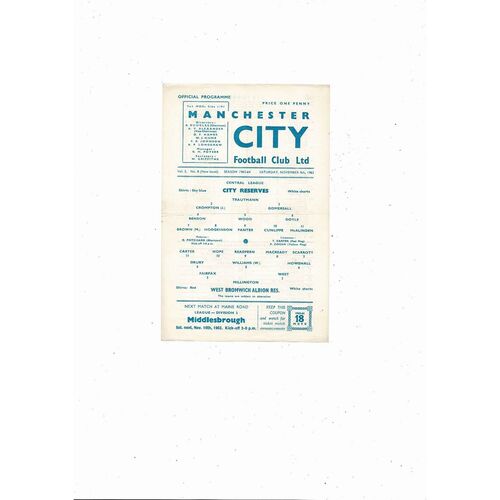 Manchester City v West Bromwich Albion Central League Football Programme 1963/64