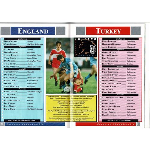 1991 England v Turkey Football Programme