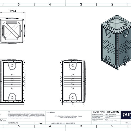 PW.1X1X2.IFB.AG - 2000 LITRE SECTIONAL WATER TANK, INTERNALLY FLANGED BASE (IFB)