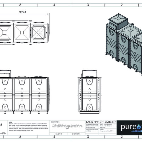 PW.3X1X2.IFB.AB - 6000 LITRE SECTIONAL WATER TANK, INTERNALLY FLANGED BASE (IFB) C/W FVH