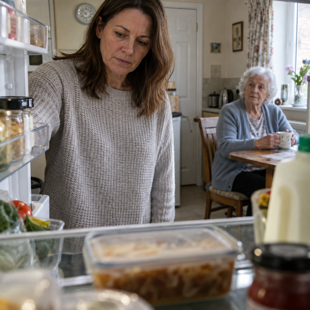 Adult daughter checking an elderly mother’s fridge and noticing an untouched meal at home.